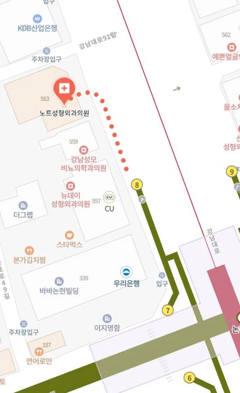 노트성형외과 주변 지도, 논현역 8번 출구 앞